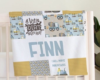 Construction Baby Quilt, Bulldozer Baby Blanket, Personalized Baby Gift, Shower for New Baby Gift, Truck Decor, Baby Name Milestone, Outdoor