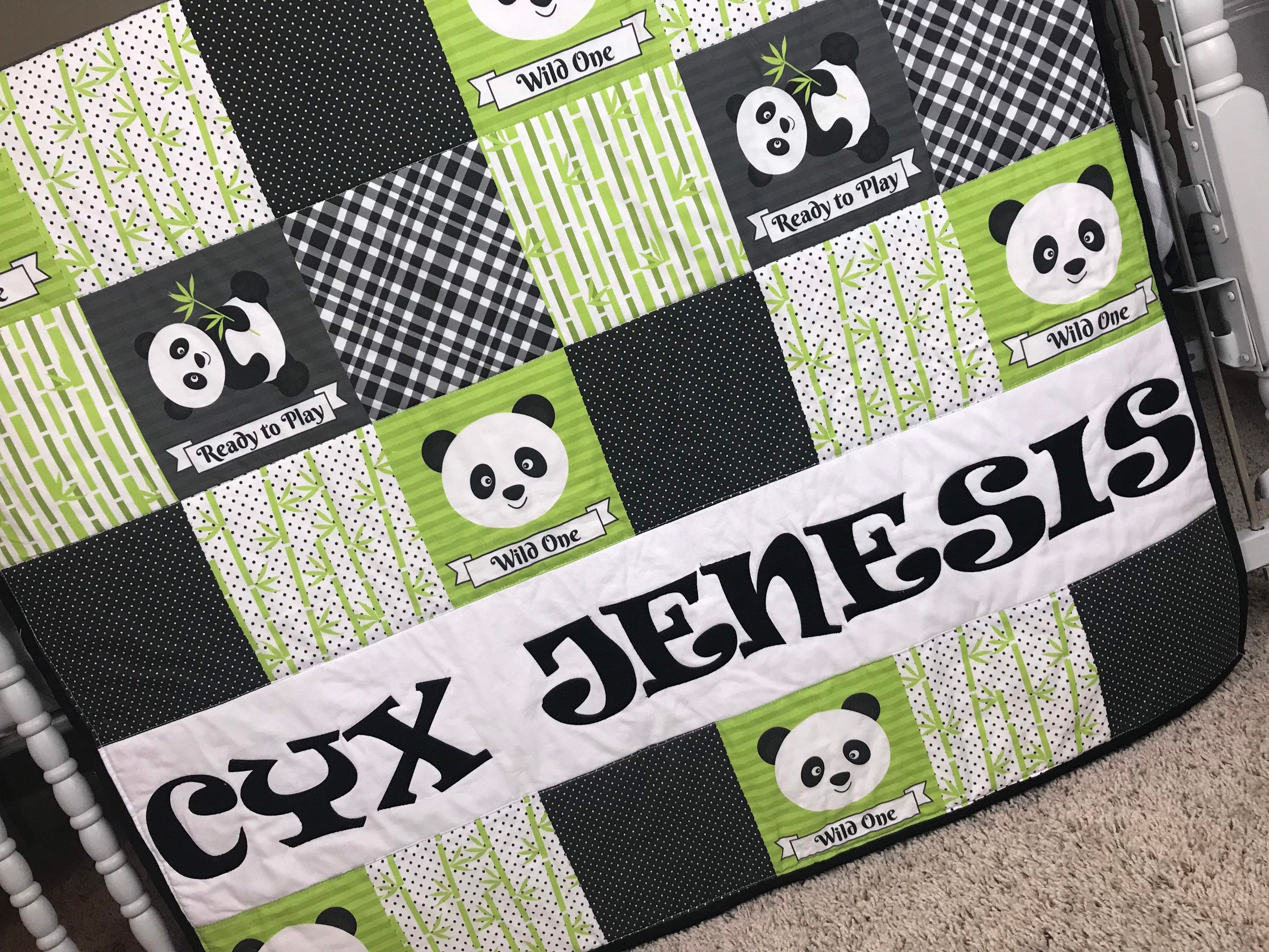 Panda Crib Bedding Personalized Baby Quilt Green Nursery Etsy