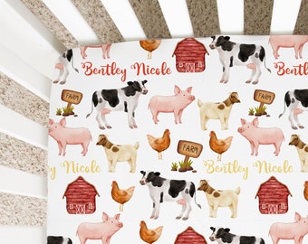 Farm Animal Baby Crib Sheet, Baby Name Decor, Custom Farm Crib Sheet, Chicken, Goat, Cow and Pig Nursery Accents, Mini Crib Sheet