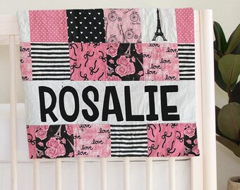 Pink and Black Baby Quilt, Baby Girl Blanket, Personalized Baby Gift, Shower for New Baby Gift, Baby Name Milestone, Paris Floral