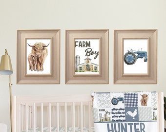 Highland Cow Nursery Print, Country Blue Nursery Decor, Nursery Wall Art Boy, Farm Life Wall Art, Whimsical Nursery Wall Art, 8x10, Rustic