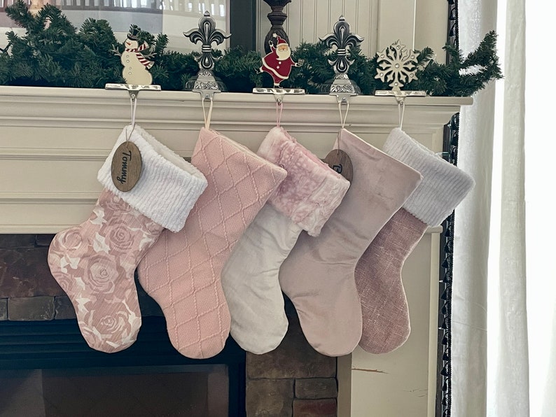 Pink Christmas Stockings Personalized, Baby Girl Stocking, Pink Holiday Decor, Family Christmas Stockings, Velvet Christmas Stocking image 4