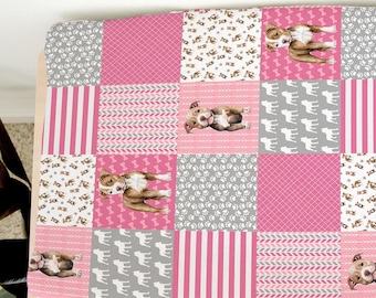 Puppy Changing Pad Cover, Changing Pad Cover, Pink Patchwork, Baby Nursery Decor, Pit Bull Nursery, Dog Decor, Baby Girl
