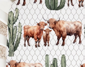 Drap de lit neutre, chambre de bébé vache Highland, literie pour lit de bébé cactus, literie pour bébé ferme, déco chambre d'enfant vache, cadeau de shower, nouveau-né, mini lit de bébé