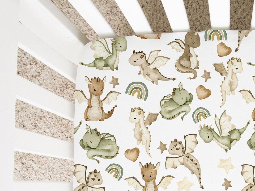 Dragon Crib Sheet, Dragon Nursery Decor, Green Dragon Crib Bedding