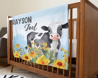 Farm Crib Bedding, Cow Baby Blanket, Neutral Baby Blanket, Name Baby Gift Idea, Personalized Milestone Blanket, Cow Nursery Decor