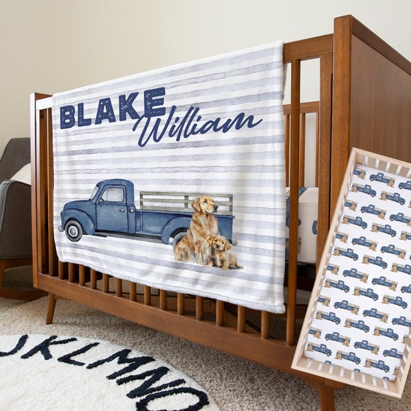 Farm Crib Bedding, Golden Retriever Baby Blanket, Crib Bedding Boy, Name Baby Gift Idea, Personalized Milestone Blanket, Truck Nursery Decor