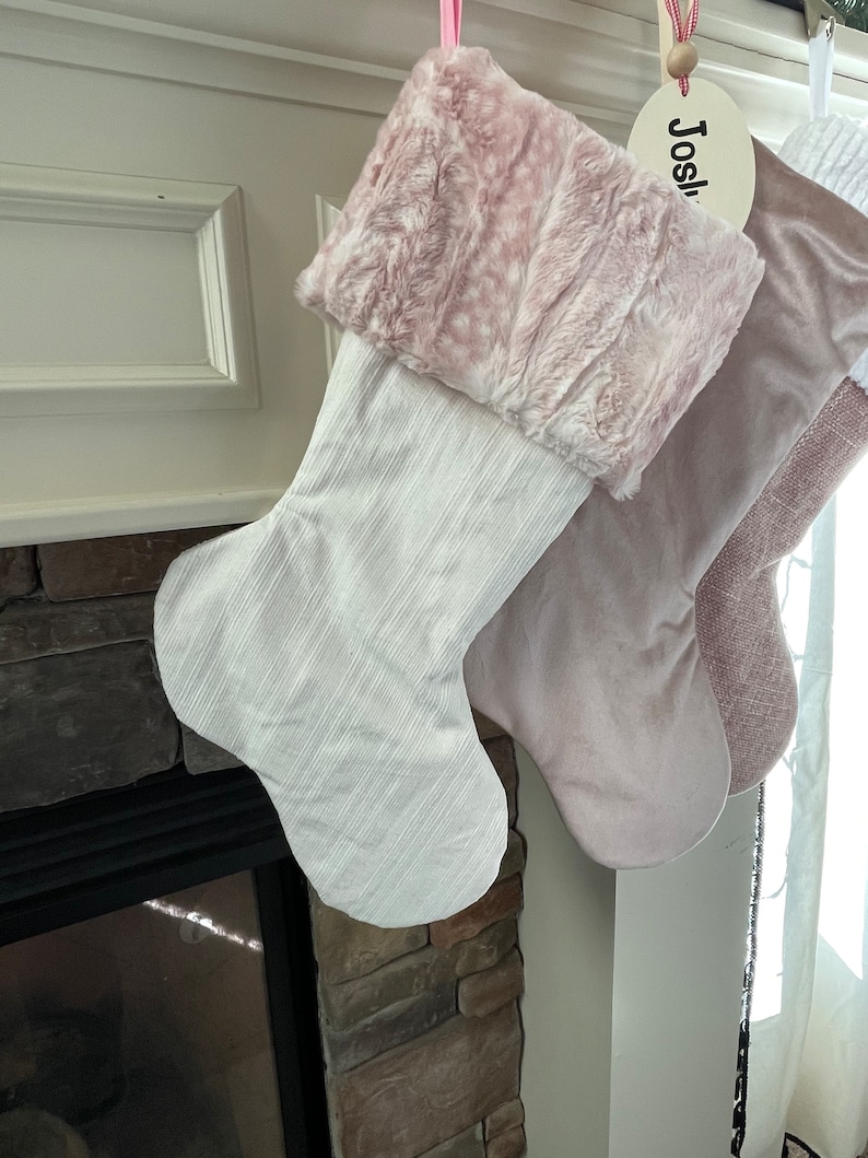 Pink Christmas Stockings Personalized, Baby Girl Stocking, Pink Holiday Decor, Family Christmas Stockings, Velvet Christmas Stocking IvoryCorduroy