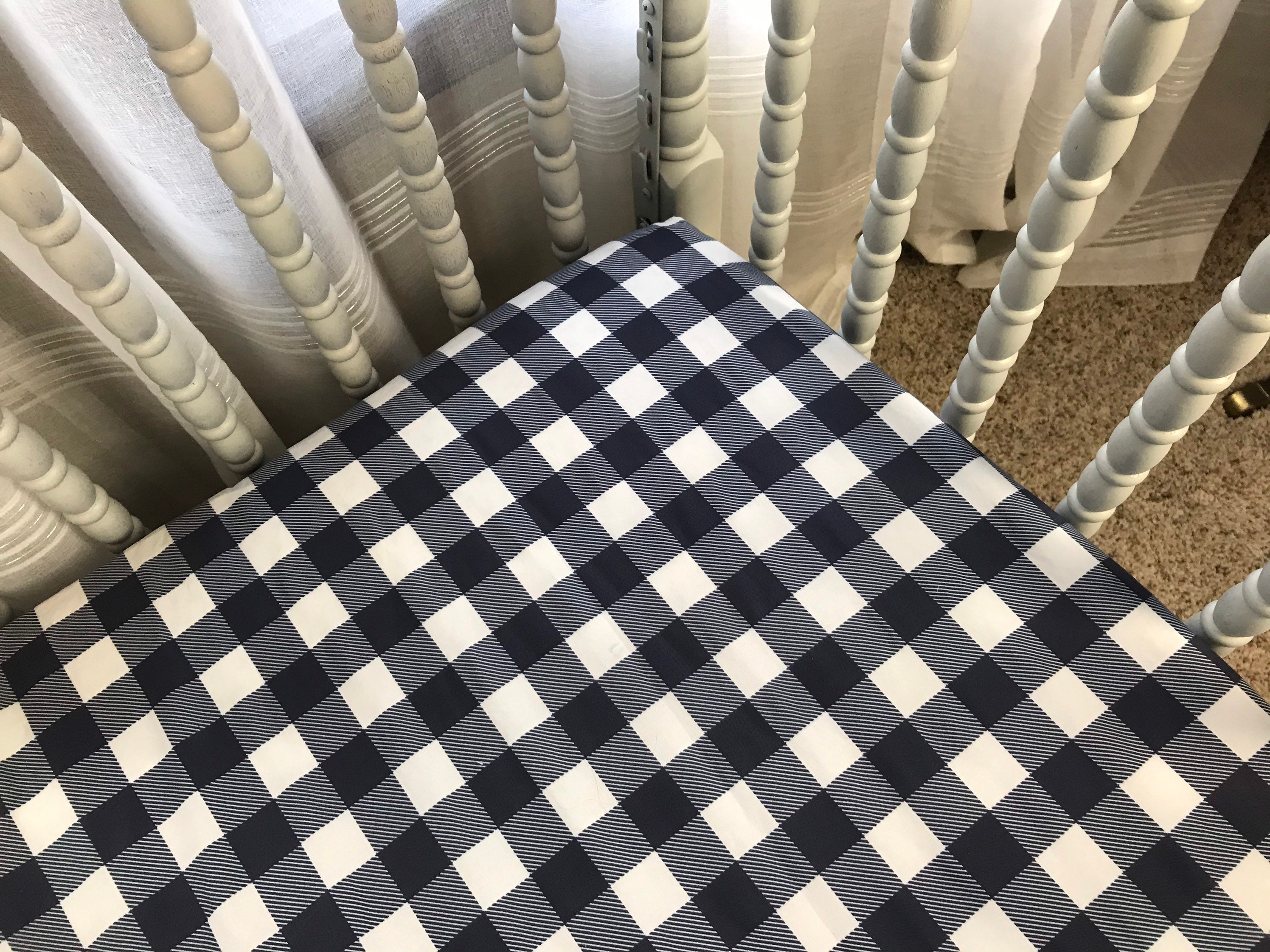 Checkered Fitted Crib Sheet Knitted Plaid Navy Crib Sheet Rustic Crib Sheet Woodland Nursery Bedding