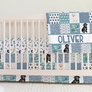 Dog Nursery Bedding Set, Dog Baby Blanket, Dog Baby Bedding Boy, Puppy Baby Quilt, Puppy Baby Nursery, Puppy Crib Sheet,  Name Quilt