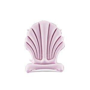May include: A pale pink inflatable seashell-shaped pool float. The float features a fan-like design with vertical ridges and a base for stability. The seashell is designed for use in a pool or at the beach.
