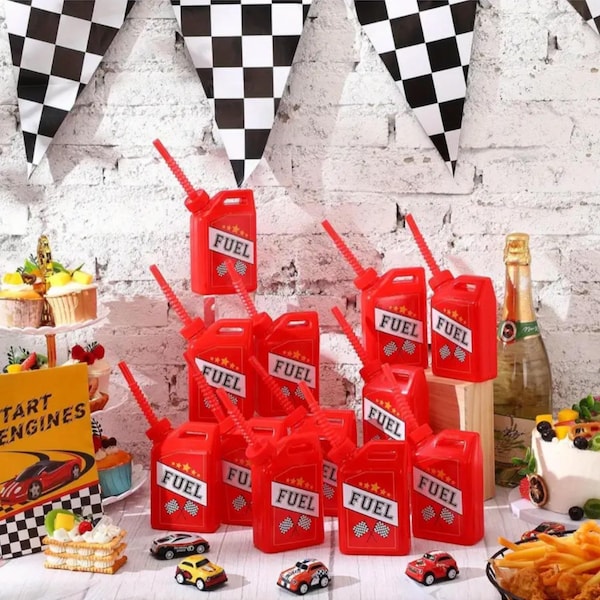 Pack of 6 Plastic Red Fuel Gas Can Party Cups: Race Track, Racing Car, Vehicle, Transport, First Place, Two Fast Kids Birthday Celebration
