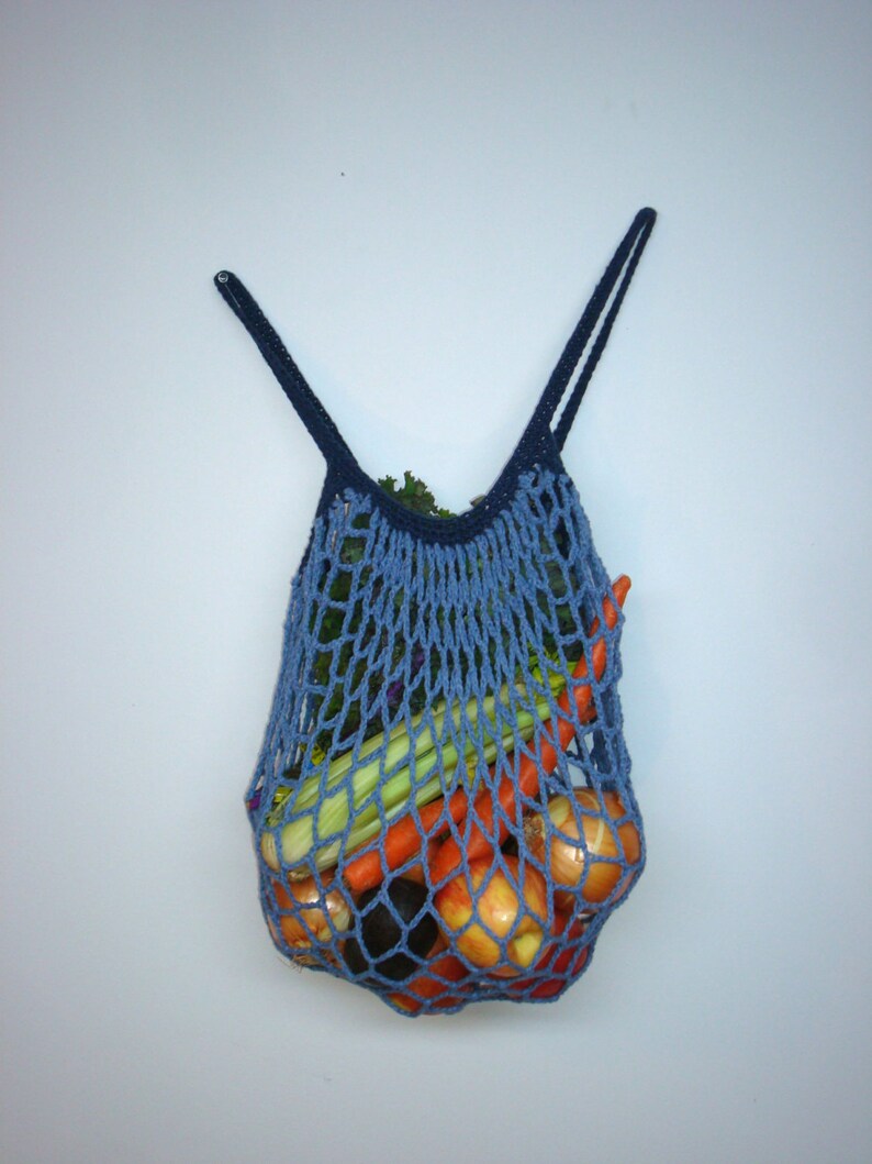 May include: A blue crocheted mesh bag filled with produce, including carrots, onions, apples, and celery.
