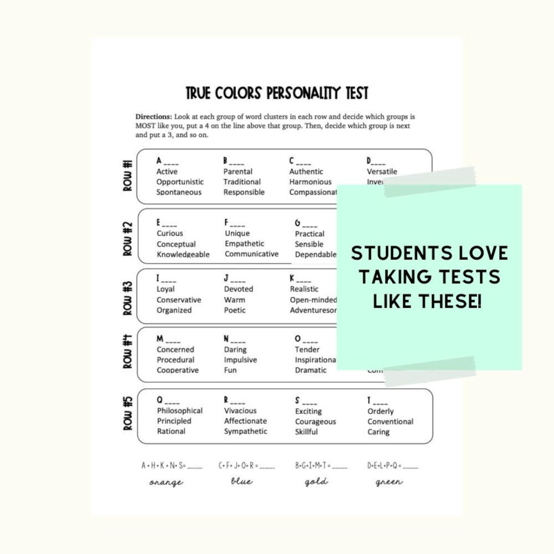 True Colors Personality Test Instant Download Graphic Art Teacher Class ...