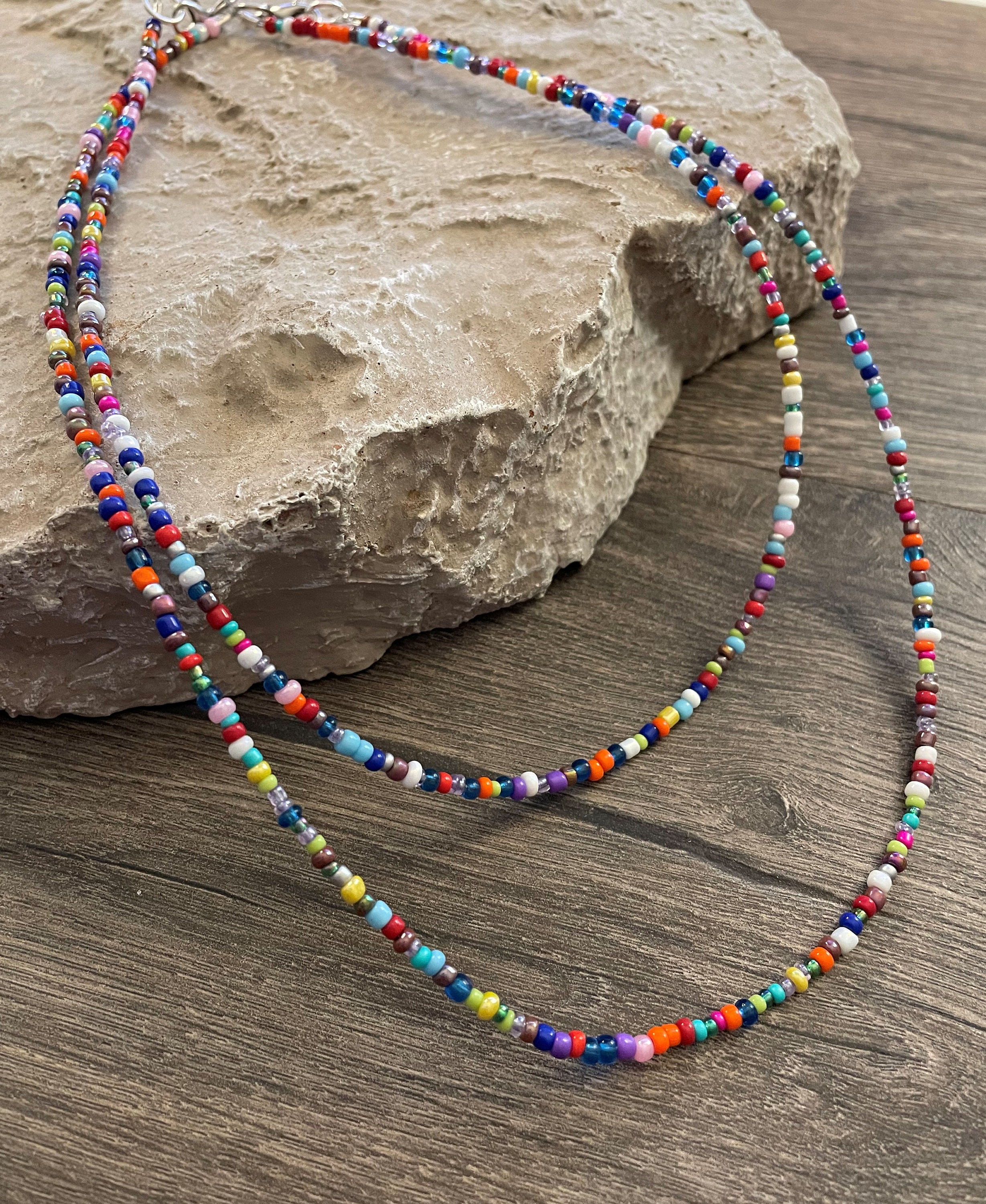 Bracelet Single Strand Seed Bead Necklace Multicolor Shibori Blue - Main Image