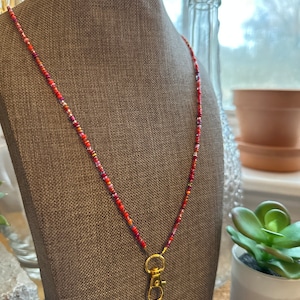 Fire It Up Red Mix Seed Bead Beaded Id Card Badge Holder Lanyard Necklace BoHo Trendy Unique Gift Teacher Doctor Vendor Vacation Handmade