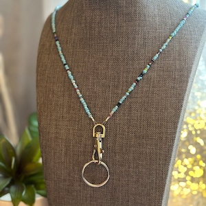 Mojave Turquoise Blue Handmade Beaded Lanyard ID Badge Card Holder Necklace Tribal BoHo Trendy Unique Gift Teacher Vendor Nurse Doc Vet