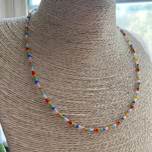 Rainbow Beaded Necklace Seed Bead 19 Inch Necklace BOHO Necklace Love Beads Unisex Boho Festival Jewelry Hippie Retro 70 80 90