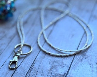 White and Silver Seed Bead Necklace Lanyard Earrings BoHo ID Badge Retractor Minimalist Festival Jewelry Trending Small Bead