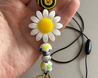 Bee Daisy Flower Handmade Lanyard ID Badge Card Holder BoHo Trendy Unique Gift Teacher Vendor Nurse Doc Vet Vacation Spring Floral
