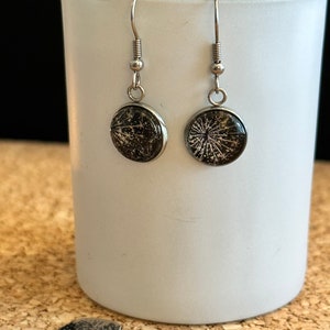 May include: A pair of silver dangle earrings with black round pendants featuring a white abstract design.