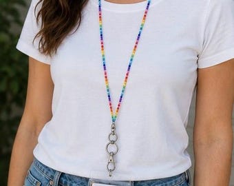Rainbow Seed Bead Necklace Lanyard Badge Earrings ID Holder Boho Minimalist Festival Jewelry Trending Red Orange Yellow Green Blue Purple