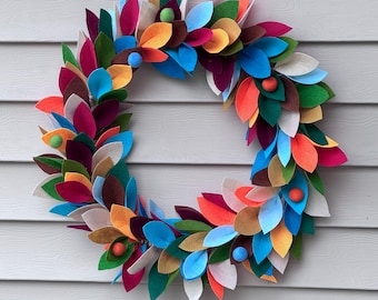 Handcrafted Felt Leaf and Berry Wreath Colorful Modern Wall Porch Decor Custom Color Options Available