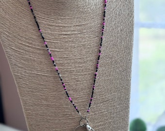 Midnight Lotus Black Pink Silver Beaded Lanyard Necklace Id Card Badge Holder Minimalist Lightweight  Small Beads Teacher Vendor