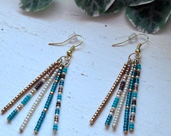 Beaded Earrings Small bead BoHo Minimalist Simple Stick Earrings Fringe Dangle Pantone Trendy Bohemian Chic Gold Brown Turquiose Festival