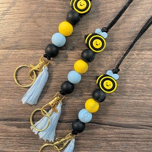 Bee Black Yellow Blue Beaded Handmade Lanyard ID Card Badge Holder BoHo Trendy Cute Popular Teacher Vendor Nurse Vet Doc Vaca