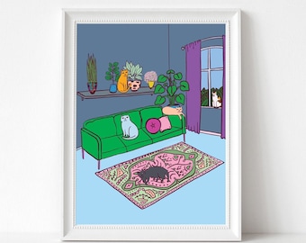 Art Print -  Cats In A Room With A Big Mat | 300mm x 400mm / 12 x 16" | Wall Decor | Art Poster | Cat Art