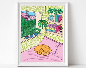 Art Print -  Orange Cat Sleeping On A Pink Bedspread | 300mm x 400mm / 12 x 16" | Wall Decor | Art Poster | Cat Art