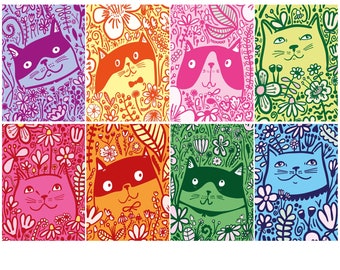Postcards - Flower Cats - Pack Of Eight - Congratulations Cards - Thank You Cards - Welcome Cards - Note Cards
