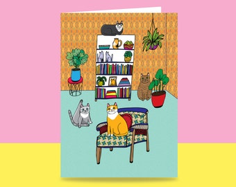 Greeting Card - Cats In The Living Room | Non Occasion Card | Art Card | Cute Cat Card | Card For Cat Lover | Blank Card