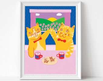 Art Print - High Five Cats | 300mm x 400mm / 12 x 16" | Wall Decor | Art Poster | Cat Art