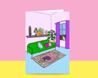 Greeting Card - Big Mat Cats In Living Room With Green Couch | Non Occasion Card | Art Card | Cute Cat Card | Card For Cat Lover