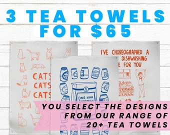 3 Tea Towels Bulk Discount | Linen Tea Towel | Kitchen Towel | Dish Towel | Wedding Gift | Engagement Gift | Cat Gift | Kitchen Art