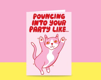 Birthday Card - Pouncing Into Your Party Like ... | Card For A Cat Lover | Cat Greeting Card | Cat Birthday Card