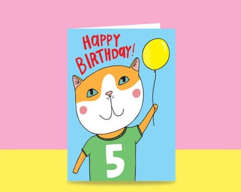 Kids 5th Birthday Card - Cat Balloon | Fifth Birthday Card | Cute Cat Card For Kid's Fifth Birthday | Age Card For Kids 5