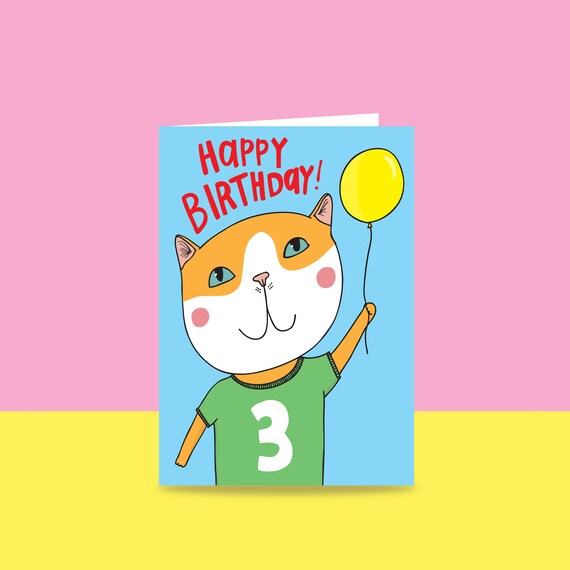 Kids 3rd Birthday Card Cat Balloon Third Birthday Card Etsy