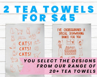 2 Tea Towels Bulk Discount | Linen Tea Towel | Kitchen Towel | Dish Towel | Wedding Gift | Engagement Gift | Cat Gift | Kitchen Art
