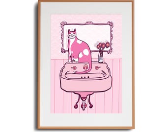 Art Print -  Cat On Pink Sink | A3 or A4 | Wall Decor | Art Poster | Cat Art