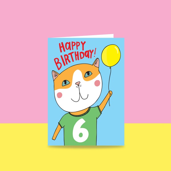 Kids 6th Birthday Card - Cat Balloon | Sixth Birthday Card | Cute Cat Card For Kid's Sixth Birthday | Age Card For Kids 6
