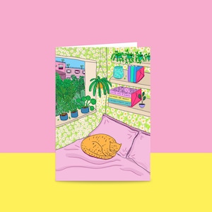 Greeting Card - Orange Cat On Pink Bed | Non Occasion Card | Art Card | Cute Cat Card | Card For Cat Lover | Blank Inside