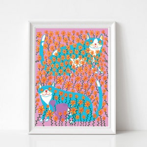 Art Print - Blue Cats In The Flowers | 300mm x 400mm / 12 x 16" | Wall Decor | Art Poster | Cat Art