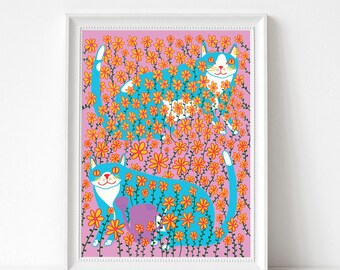 Art Print - Blue Cats In The Flowers | 300mm x 400mm / 12 x 16" | Wall Decor | Art Poster | Cat Art