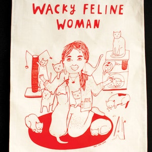 Tea Towel Wacky Feline Woman Linen Kitchen Towel Dish Towel Designer Tea Towel Wedding Gift Cat Lover Gift Cat Art image 3