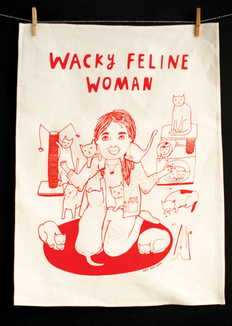 Tea Towel Wacky Feline Woman Linen Kitchen Towel Dish Towel Designer Tea Towel Wedding Gift Cat Lover Gift Cat Art image 3