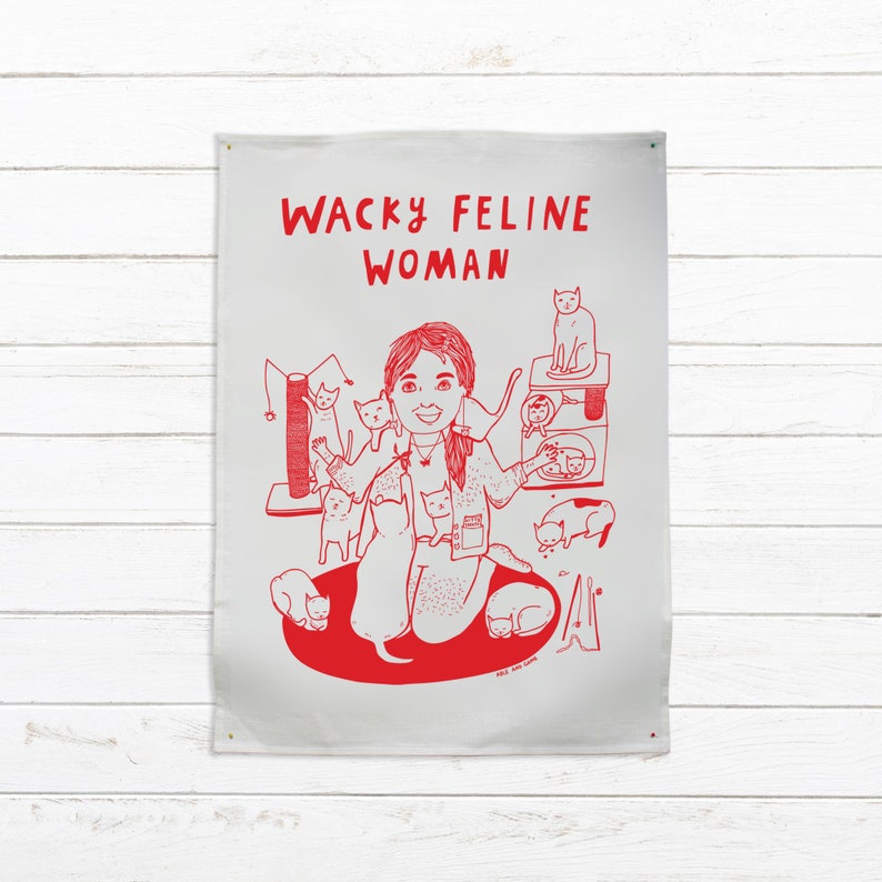 Tea Towel Wacky Feline Woman Linen Kitchen Towel Dish Towel Designer Tea Towel Wedding Gift Cat Lover Gift Cat Art image 1