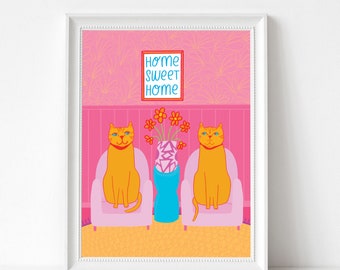 Art Print - Orange Cats On Chairs Home Sweet Home | 300mm x 400mm / 12 x 16" | Wall Decor | Art Poster | Cat Art